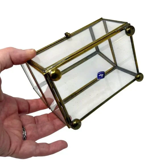 Brass Glass Jewelry Box Hinged Trinket Display Casket 4.5" T Footed Vintage MCM - Picture 4 of 9